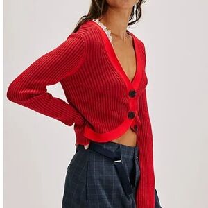 Free People Market Street Cardi in Red Holly XL